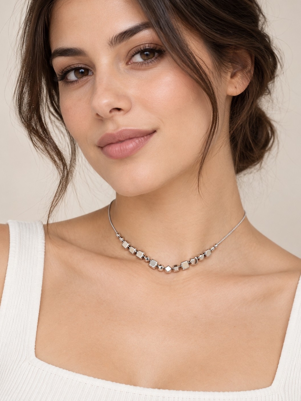 Silver Tone Box Metal Bead Choker Necklace